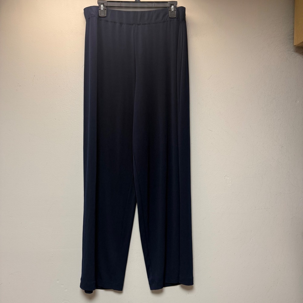 Susan Graver Liquid Knit Pants Womens LP Navy Blue Excellent Wide Leg High Rise